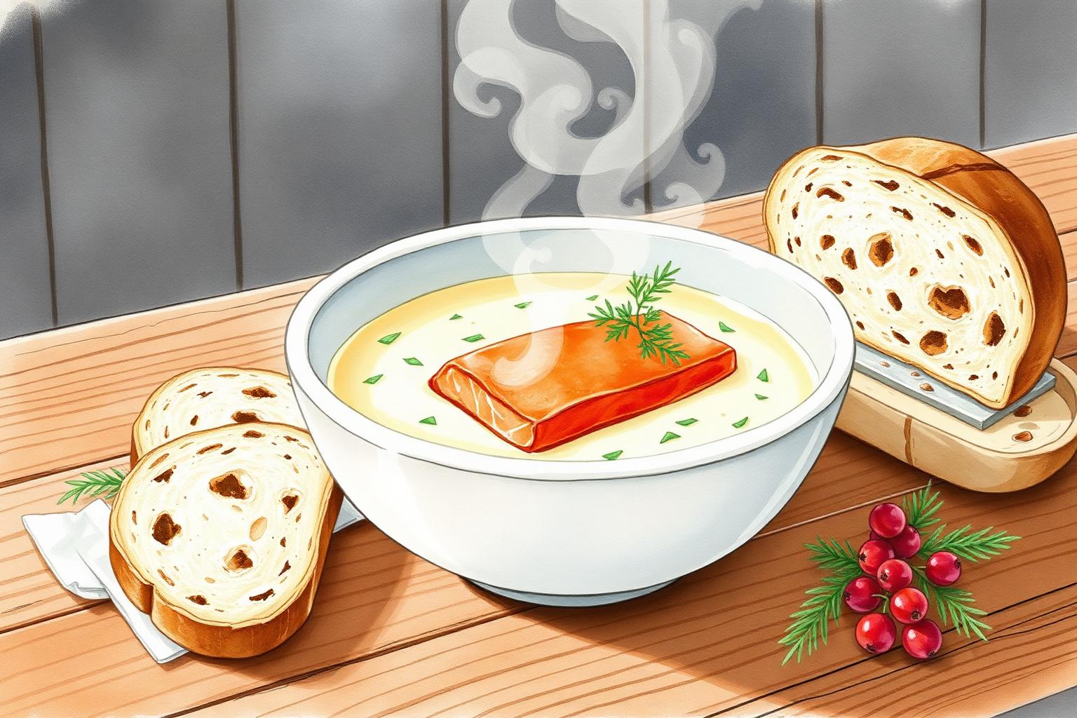 Watercolor of creamy Finnish salmon soup with rye bread