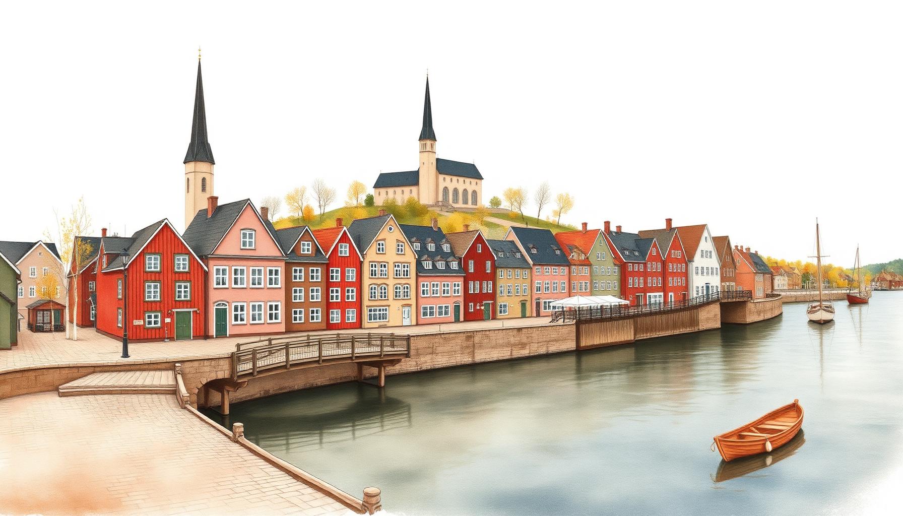 Watercolor panorama of Porvoo's red riverside warehouses and cathedral