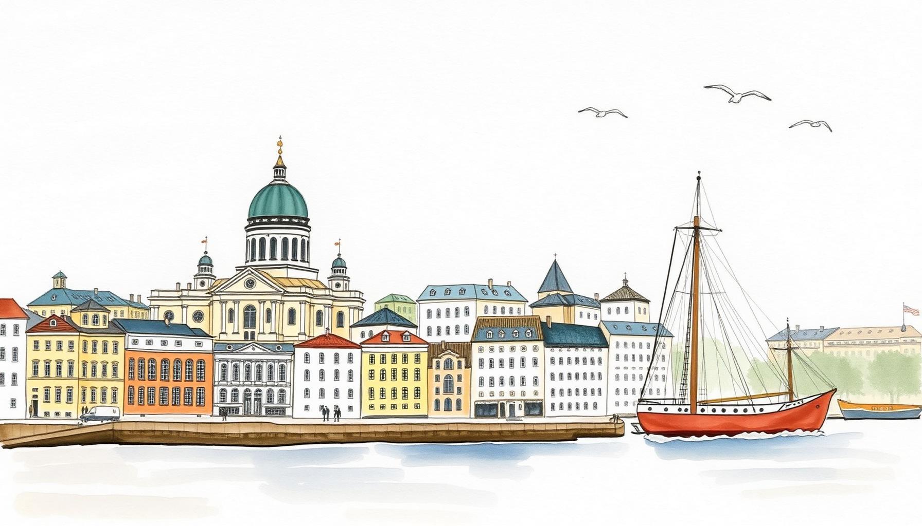 Watercolor illustration of Helsinki harbor with cathedral and a sailboat