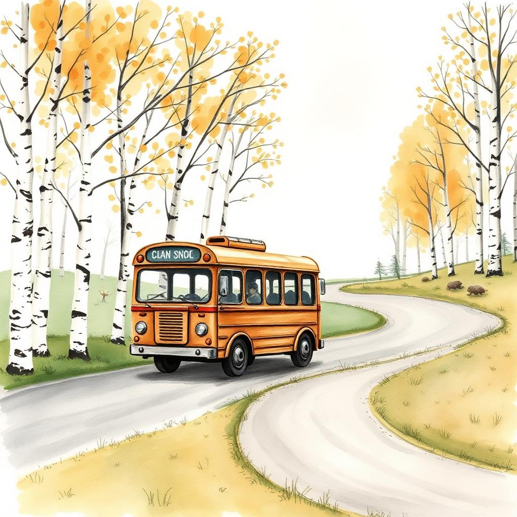 Watercolor of a small bus winding through autumn birch forest